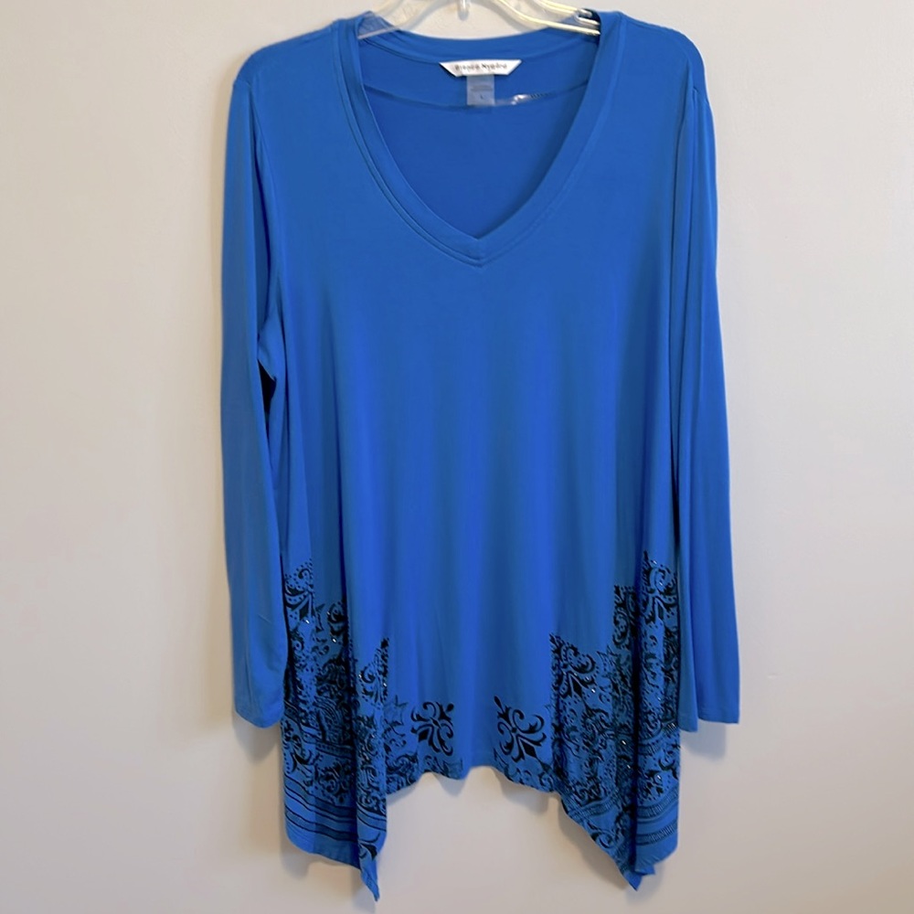Asymmetrical long tunic by Bianca Nygard, women’s, size L-XL, blue with black